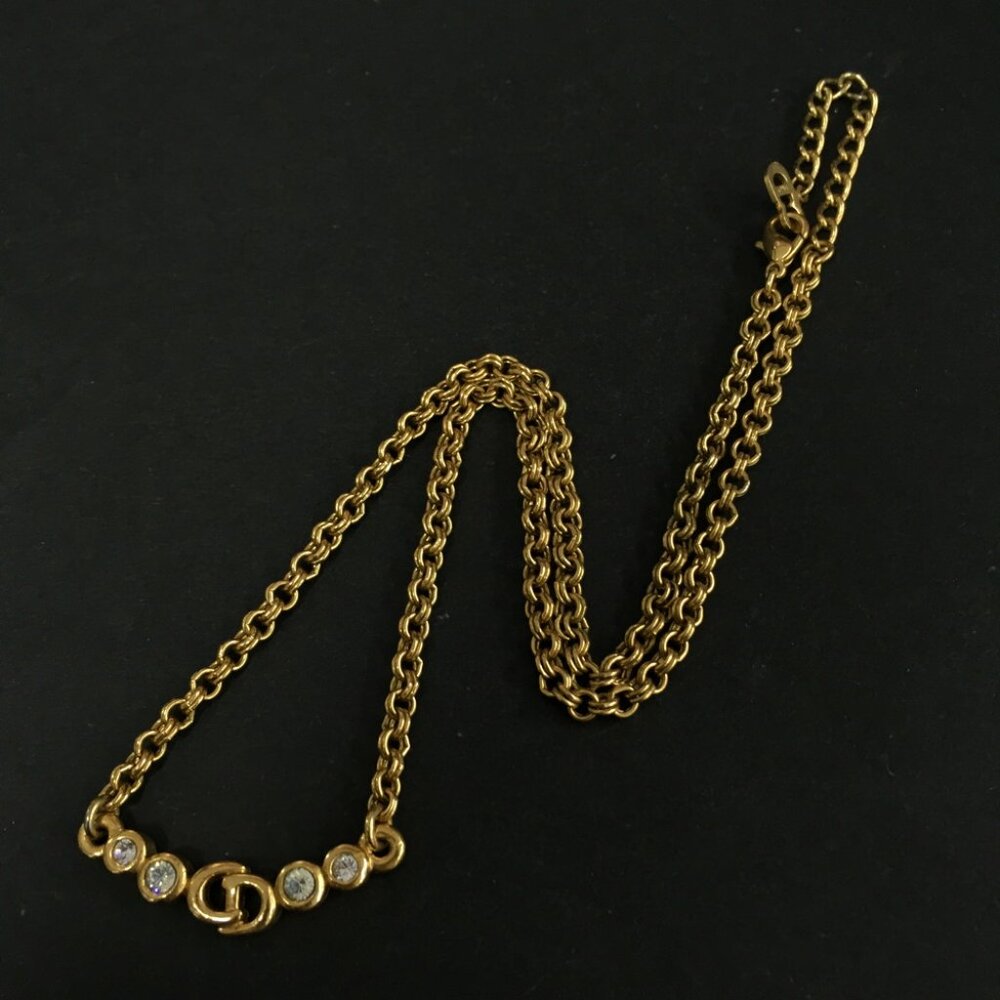 Christian Dior CD Logo Rhinestone Gold Tone Pendant Necklace lux70-100225 - Picture 2 of 8